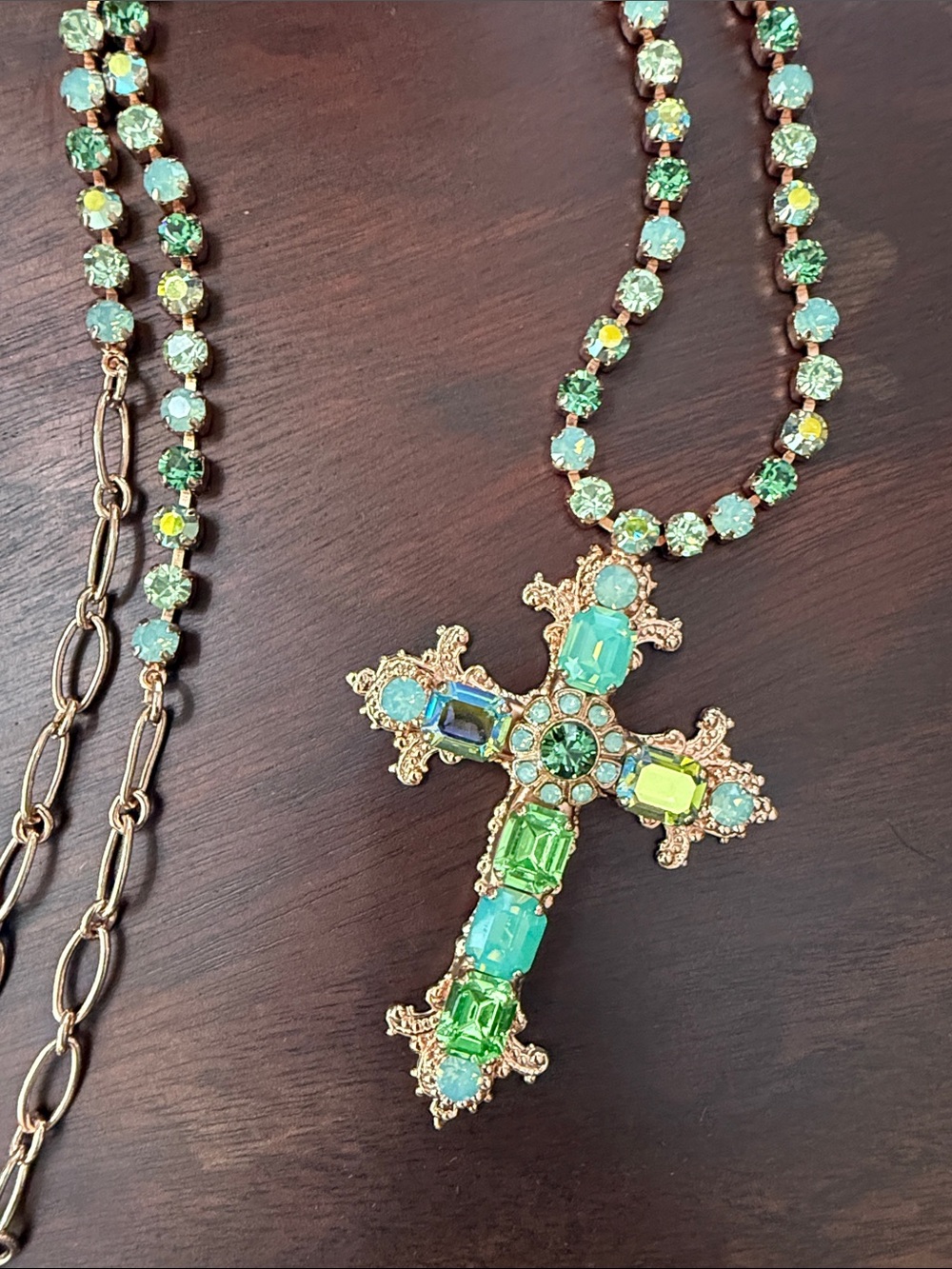 Mariana Rose Gold Large Cross Necklace with Long Green and Aqua Crystal Chain